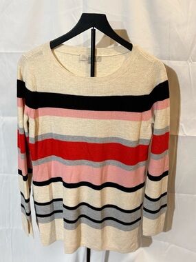 LOFT Cream, Black, Red & Pink Striped Scoop Neck Sweater